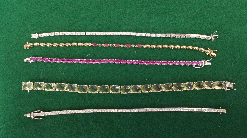 5 Tennis Style Bracelets: Stamped as 925, also China and Korea* none tested please bid accordingly