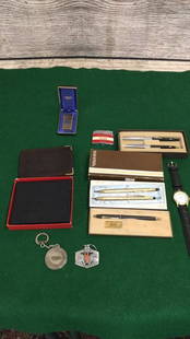 Oddities Lot: 3 Pen Sets..Cross, and Sheaffer...Winston lighter, Linbar 18 k gold plated Lighter in case, 2 Wallets ( one leather)...Lockheed key chain, Harley Davidson Key chain, Quartz wristwatch, unknown