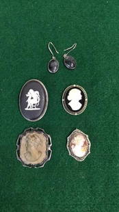 4 Cameo Pins, Pair Hair Memorial Earrings: Larger Cameo stamped Wedgwood...others w/ Sterling?? Mounts....earrings not marked