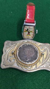 1924 Peace Dollar Belt Buckle, Mickey Mouse Watch: 4 inch buckle ...watch is Ingersol with red patent wrist band....