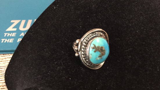 Zuni Turquoise Ring, Book on Zuni Art: 1 inch oval stone and setting with rope design....no marks...* please note stones and metals not tested....line 149