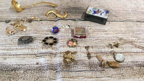 Group Mixed Jewelry And Trinkets: Some possibly gold or gold filled.....Cloisonné match box cover, ladle is 24 k gold plated....