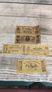 5 Paper Treasury Notes, Money: 1864 Georgia 100..SC1862 Planters Loan Association....1862 State of Mississippi 100 Note, 1862NC1 dollar bill...1862 Virginia Treasury Note....* not authenticated please bid accordingly