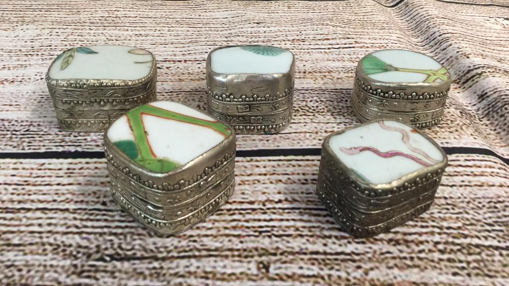 5 Porcelain Top Pill Or Table Boxes: Most 1 1/2 inches....chased metal boxes...line#123