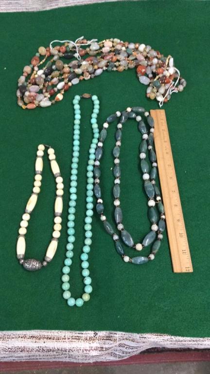 7 Necklaces, Hardstone and Ox Bone: Clasp on turquoise beads marked silver....line 99