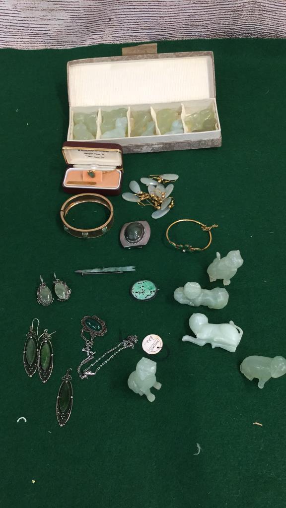 Jade And Hardstone Jewelry, Jade Animals: 10 small dogs, 5 cats, belt buckle, tie pin, earrings, bracelets....line 99