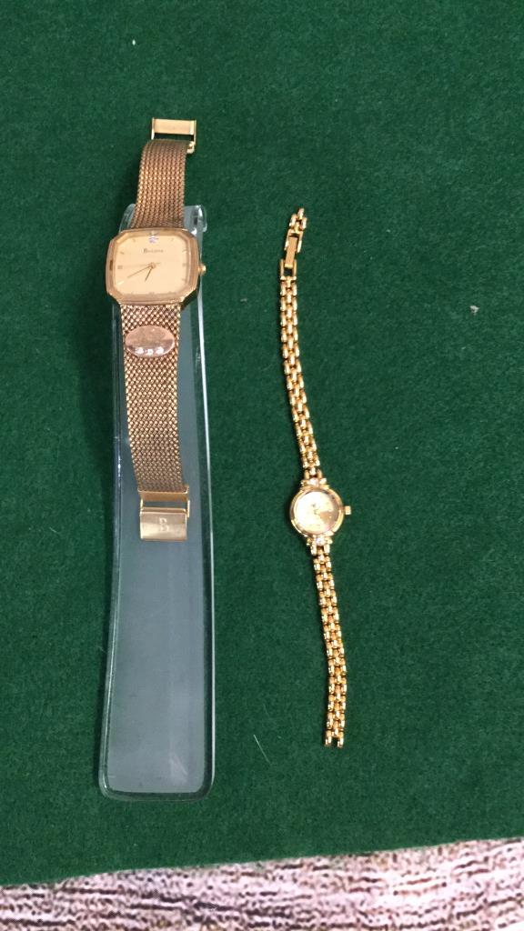 Bulova Men’s Philip Morris Award, Ladies FYTIA: Both gold tone bands and cases...stones and metals not tested...possibly diamond accent...line 99