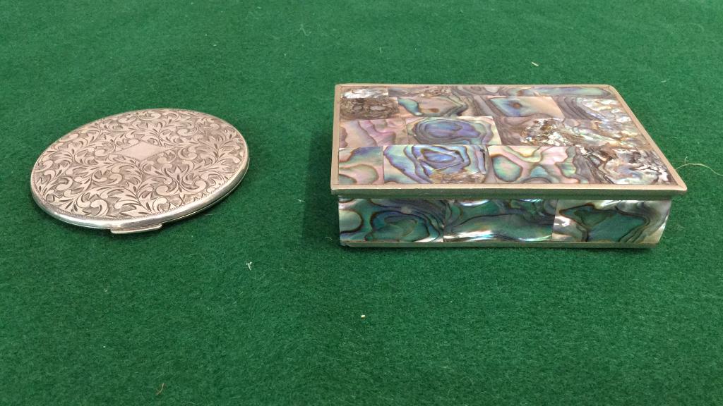 Sterling Compact, Mexican Abalone Box: Compact stamped Sterling and 950, Abalone Shell covered box Mexico and Heckden....?????