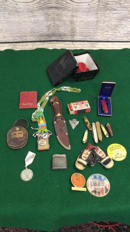 Oddities Lot: Pocket Knives, LBJ Pin, Buy War Bonds Box matches, bone handle hunting knife, Olymics Pin, arrowhead, Bead work necklace, Dobson miniature hat in box vintage sunglasses in leather case...miniature box