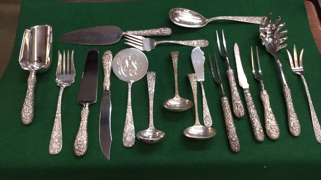 37 Kirk Steiff Serving Flatware Pieces: Ice scoop, carving set, meat forks, cake server, pie server, ladles, tongs, bottle opener, cheese knife...