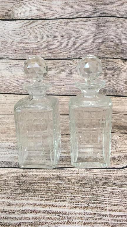 Pair Tiffany Style Cut Glass Decanters: Plaid Design ....Line #98