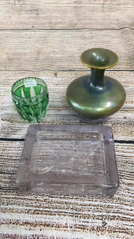 Lalique Style Ashtray, Zsolnay Vase, Moser: Ashtray with 2 doves, 4 inch Irridescent vase stamped, 2 inch toothpick holder in green....line # 79, 14, 94