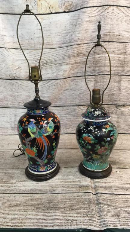 2 Asian Porcelain Jars, Mounted as Lamps: 12 inch vase black ground with floral and bird design...mounted on a wood base....12 inch Ginger Jar lidded vase..black ground with multi colors also mounted on wooden base...* both need cleaning, pos
