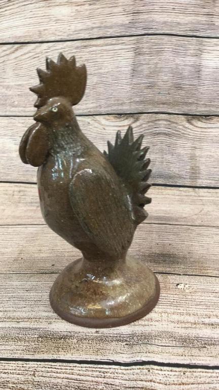 Billy Henson Stoneware Rooster: 13 inches tall, olive glaze, base marked Billy Henson, LymannSC...also marked front of base SC...excellent condition....line#25