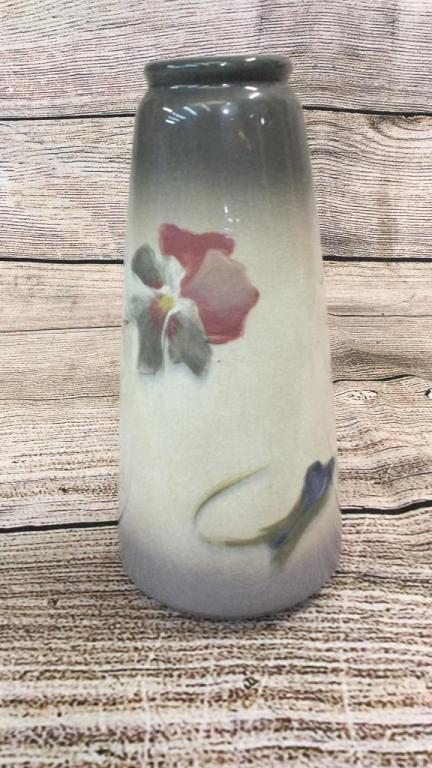 Weller Pottery Vase: Hand Painted Artist attributed to Grady, 8.5 inches, shaded gray and cream with floral design....line #10