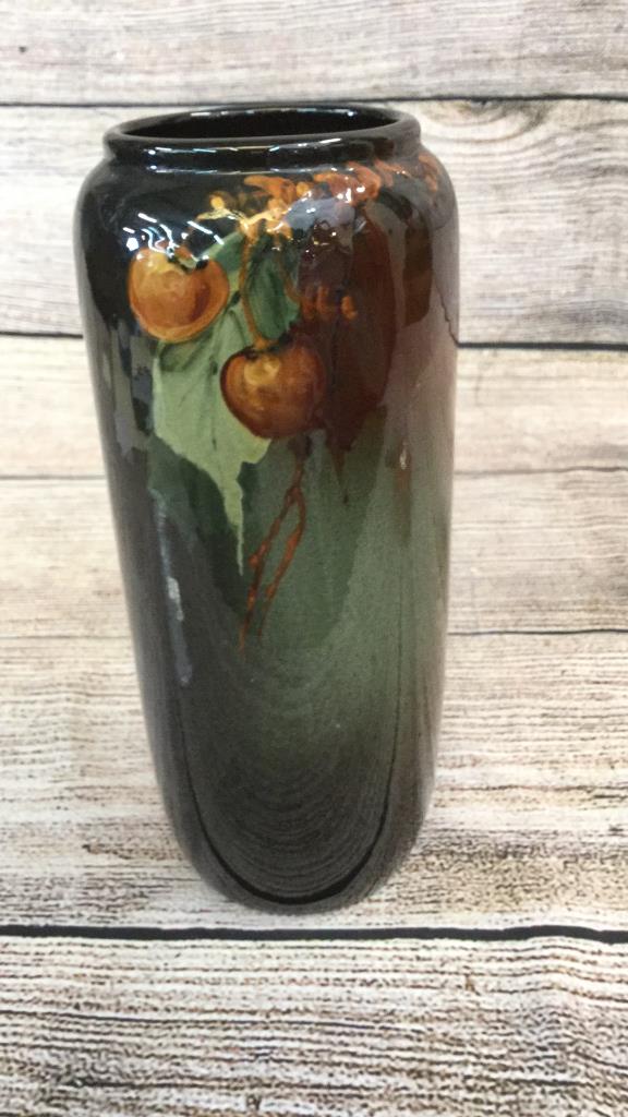 JB Owens Utopian Art Pottery Vase: Circa 1890’s...unknown artist, dark glossy glaze with fruit, 10 inches tall....line #11