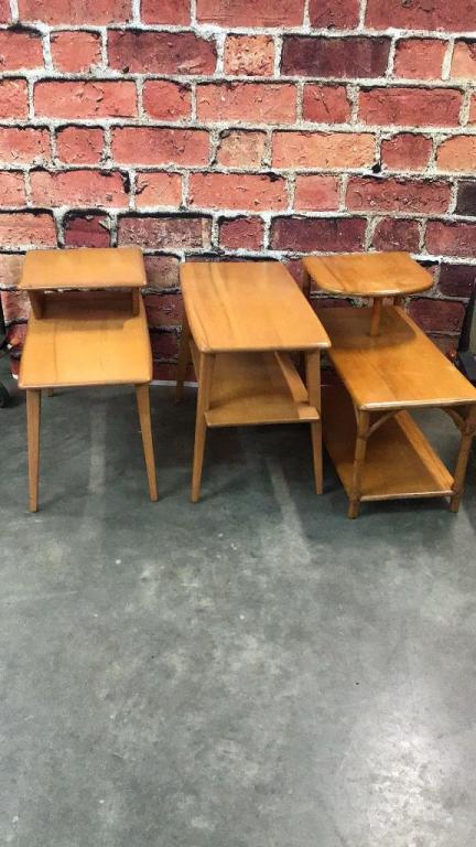 3 Heywood Wakefield Side Tables: 1 with faux bamboo legs, all stamped and with Champagne finish