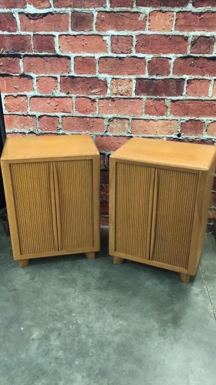 Pair Heywood Wakefield Tambour Cupboards: Interior shelf, good condition, champagne finish, stamped 32 tall x 24 wide x 17 deep