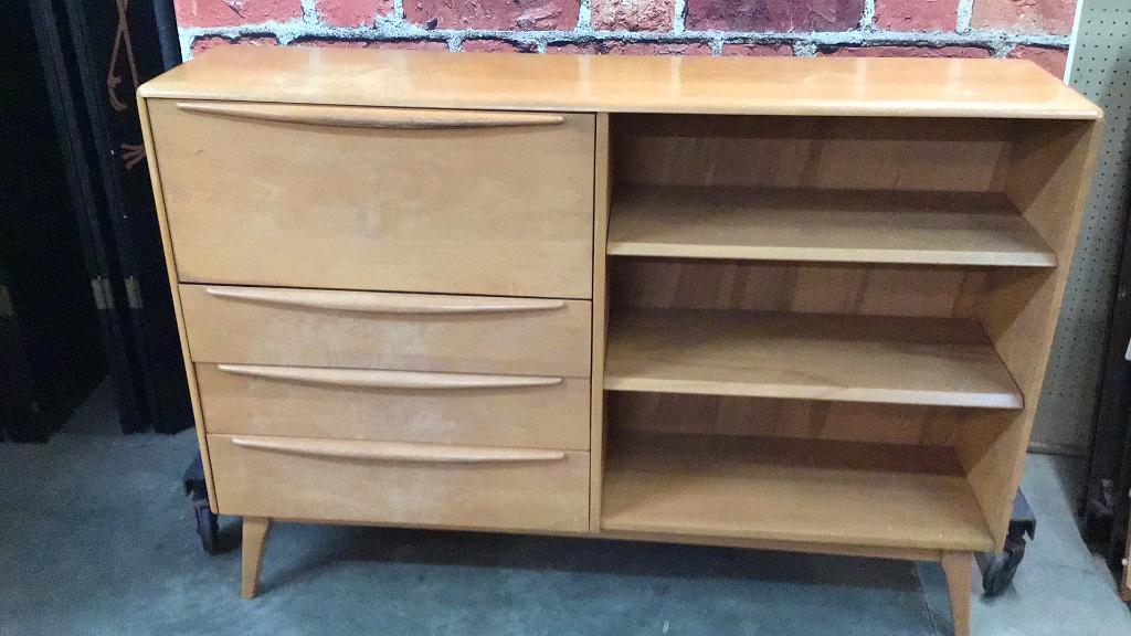 Heywood Wakefield Credenza: Shelves, drawers and fall front desk Champagne finish, stamped Some minor finish wear 42 tall x 59 wide x 14 deep
