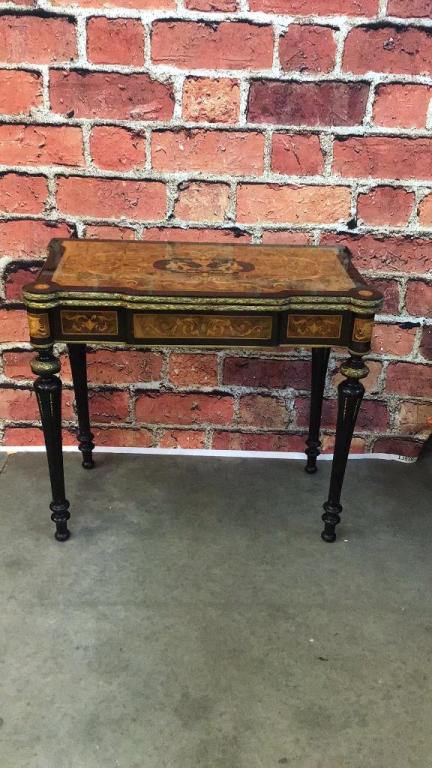 Highly Inlaid Italian Lacquered Game Table: Brass ormolu mounts, leather interior top