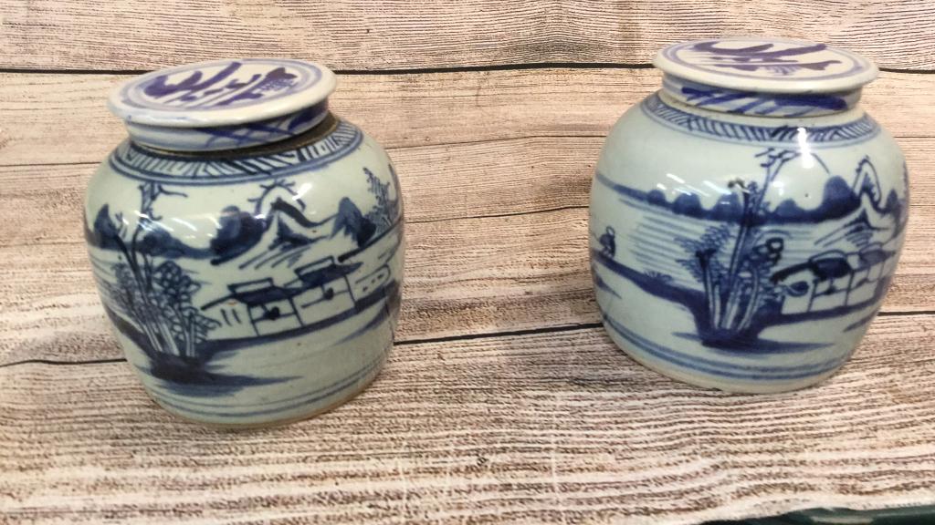 Pair Cantonese Ginger Jars: Replaced lids, 6 1/2 inches...line 24