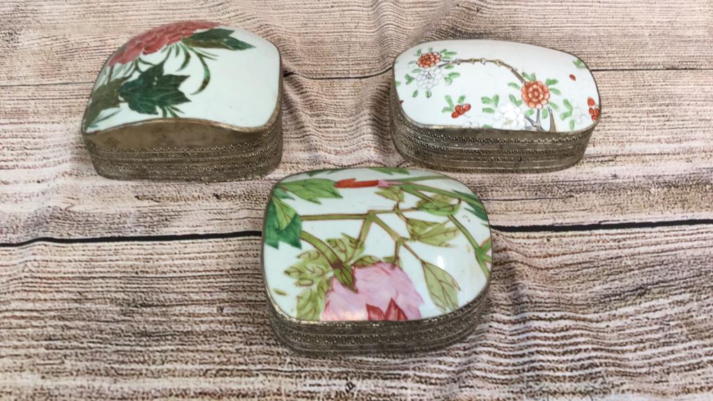 3 Hammered Metal Dresser Boxed, Porcelain Lids: 5 1/2 and 6 inches...Asian Floral designs...no marks..line117