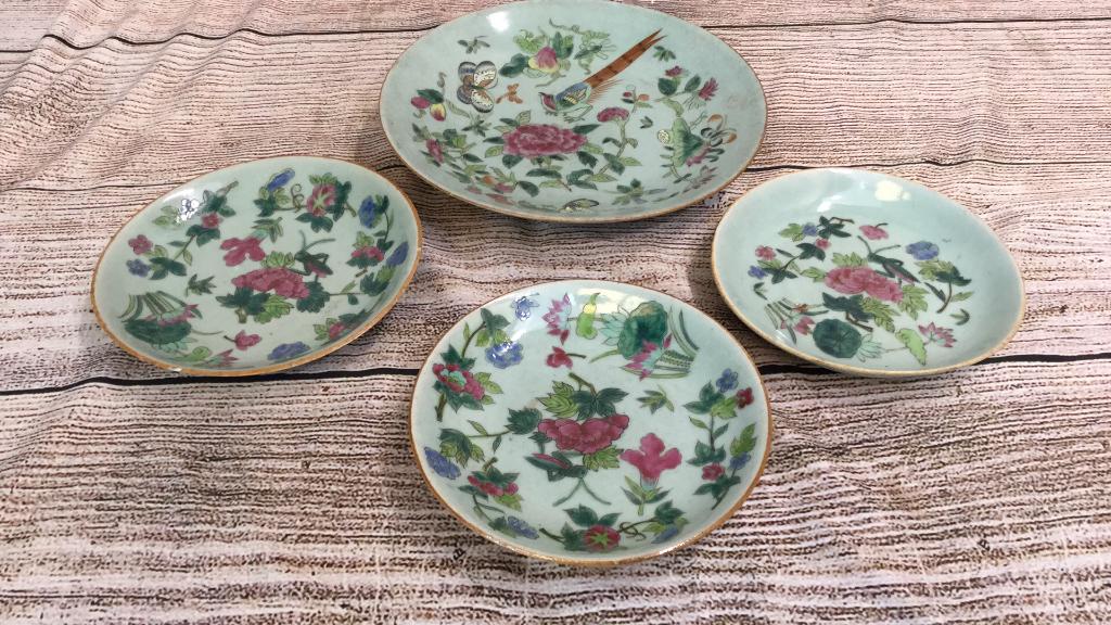 4 Asian Celadon Plates: Larger plate at 10 inches...three at 7 inches...grass hoppers, birds, floral designs...line 70
