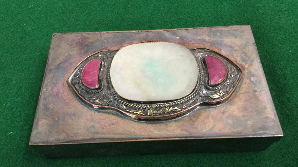Silver Plate Dresser Box, Jade Insert: 6 x 4 inch rectangular box, hinged lid....with 2 inch carved Jade disk, 2 hard stone pieces...in a embossed setting..base stamped made in China with a camel.....line 119