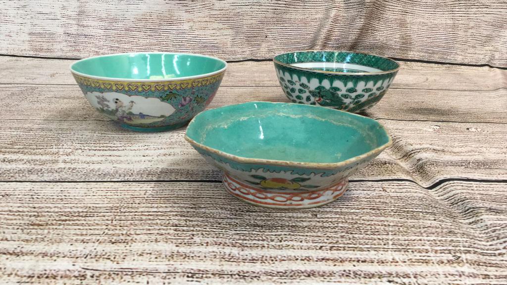 3 Asian Porcelain Bowls: 6 inch dragon bowl in spinach green stamped Hong Kong...6 1/4 inch bowl no mark, 7 inch Famille bowl..teal ground with double panel decorative...red stamp mark...Line 16