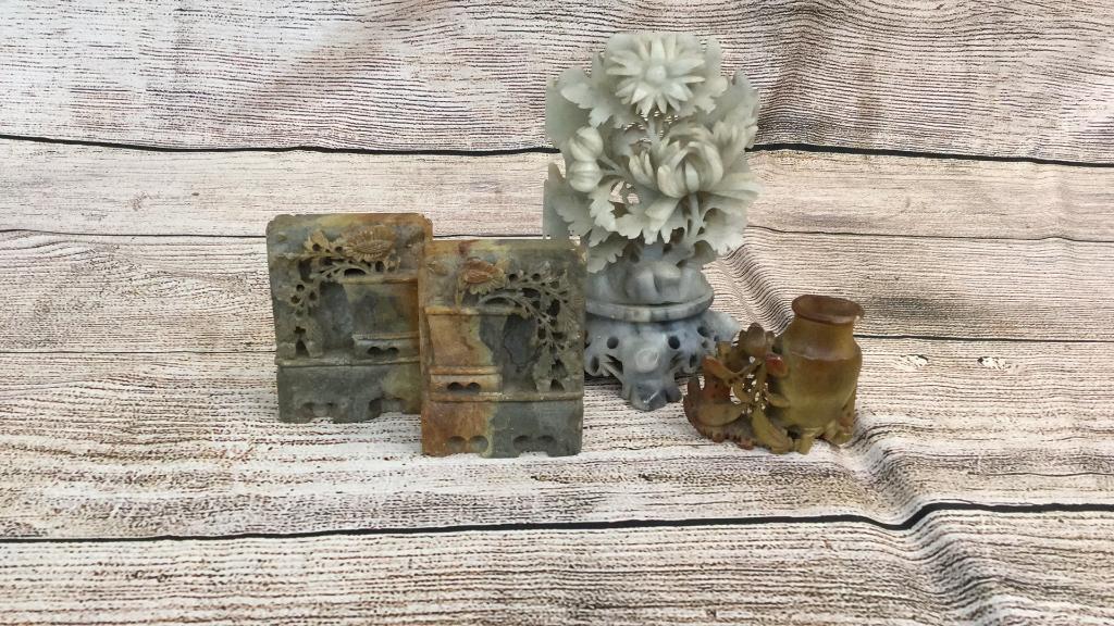 4 Asian Soapstone Carved Articles: Largest at 9 inches flower basket * some chips to all...line#118, 63