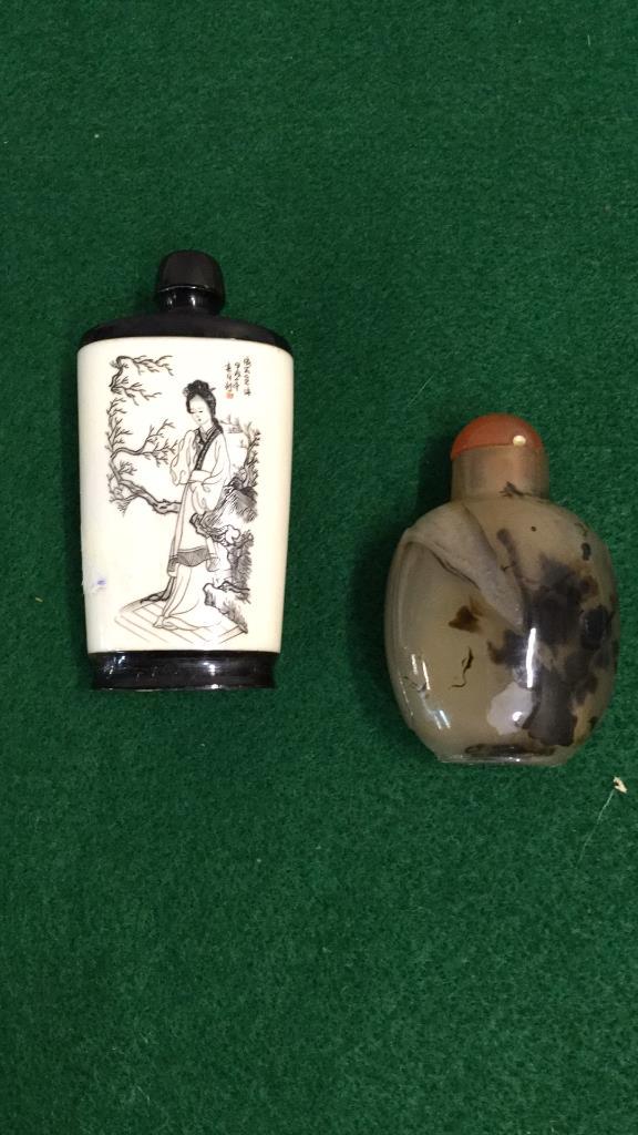 2 Asian Snuff Bottles: 3 inch bone bottle with design of woman ...reverse with story...2 1/4 inch bottle...Agate and Carnealia ??? Line 24