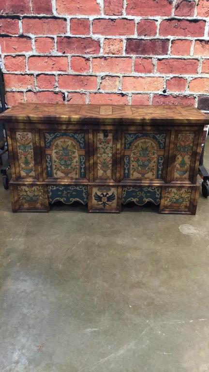 Paint Decorated Dutch Blanket Chest: Newer paint, new feet, urn and flower decoration, rat tail hinges, interior till, dovetailed case 28 tall x 56 wide x 21.5 deep
