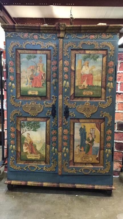 Paint Decorated Scandinavian Armoire: 4 season hand painted panels, early repaint, dated 1823, shelving interior 77 tall x 51 wide x 22 deep