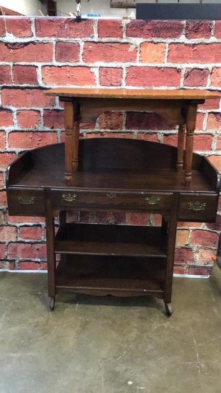 Contemporary Rolling Oak Bar Cart: And an unusual folding pine side table Cart is 41 tall x 48 wide x 19 deep Table is 20 tall x 36 wide x 18 deep