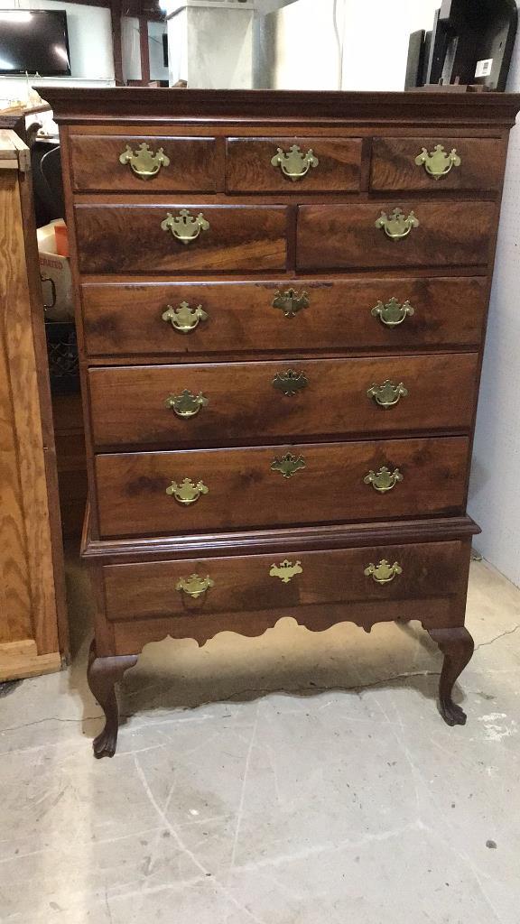 Burl Walnut Chippendale Highboy: Yellow pine secondary, dovetailed case, Spanish foot, base is period but not original 64.5 tall x 41 wide x 23 deep