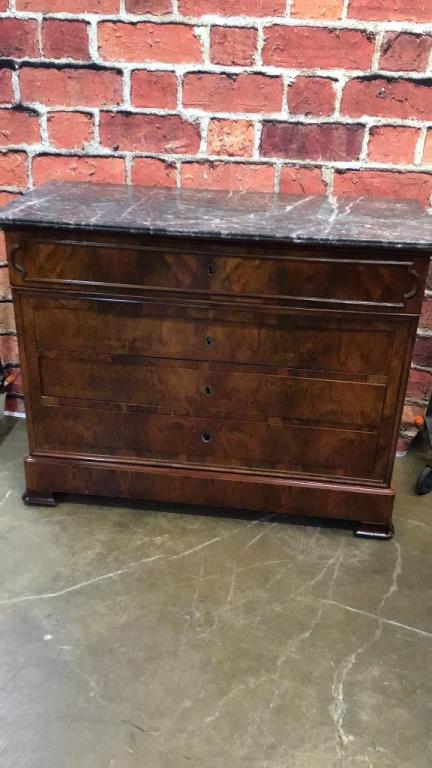 Burl Walnut 4 Biedermeier Chest: Butlers drawer, Marble top, Dovetailed drawers, cove feet, bottom drawer escutcheon is off but present 39 tall x 52 wide x 22 deep