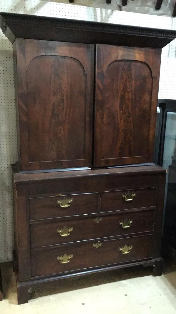 Georgian Mahogany Linen Press: Flame Mahogany Doors, possible marriage, some veneer losses, newer bracket feet. 81.5 tall x 49 wide x 19 deep