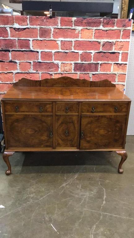 Burl Walnut Queen Anne Style Sideboard: 1930’s Shell carved knees, lots of Burl accents, lined and segmented bottle drawer 41.5 tall to back splash x 54 wide x 23 deep