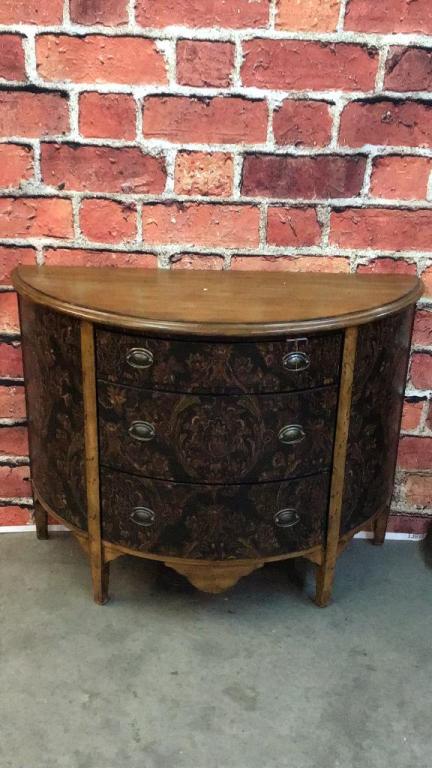 Decorative Demilune Console: 3 drawers, contemporary 35 tall x 46 wide x 20 deep