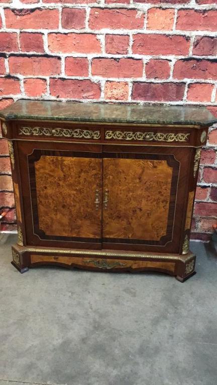 Contemporary Italian Console Cupboard: Burl walnut panels, marble top, brass ormolu mounts, Maitland Smith quality 41.5 tall x 51 wide x 18 deep