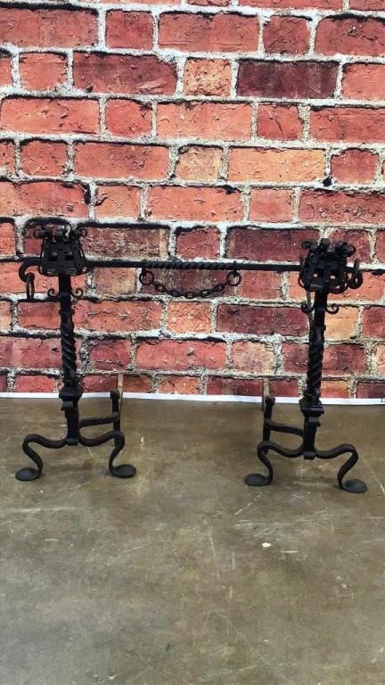 Pair Exceptional Antique Hand Forged Andirons: Candle holders and cooking bar, swivel roasting arms well made 28 tall x 15 wide x 26deep