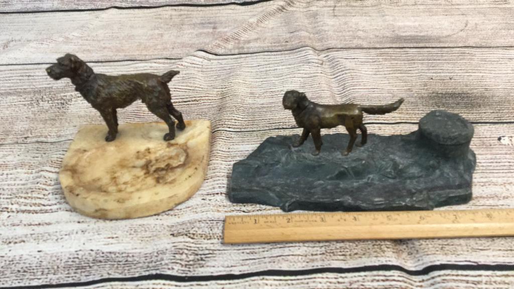 Bronze Dog Ink well, Alabaster Ashtray: Inkwell is stamped Austria, ashtray no marks....