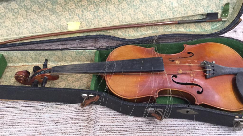 3 Vintage Violins: 1. Philip Keller, 21 inch needs work...w/ bow unknown maker...case poor...2.Suzuki #101–dated 1968.19 inch ..w/ Glasser bow...needs work...3. German? Possibly Schweitzer...22 inches..needs work..w/ 
