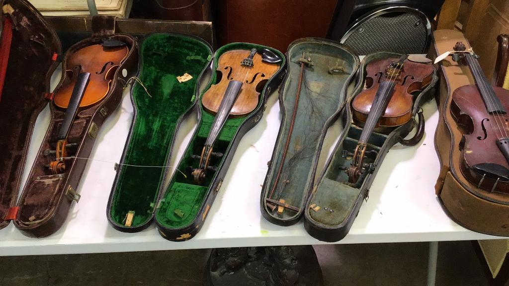 5 Assorted Vintage Violins: All with issues and missing elements, set photo, 4 bows 3 are damaged