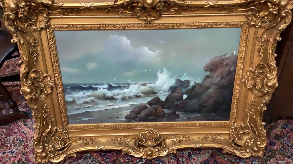 Oil on Canvas, Eugene Garin: Seascape...signed lower right....Russian/ American Artist ( 1922-1994)..32 x 21 inches....heavy ornate gold frame.....
