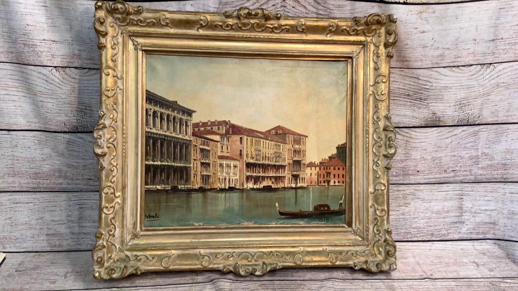 Oil on canvas Venice Canal Scene: Signed at lower left...Vitali..possibly Giancarlo Vitali...22 x 19 sight, mounted in ornate gold tone frame...* flaking near bottom edge of this piece...
