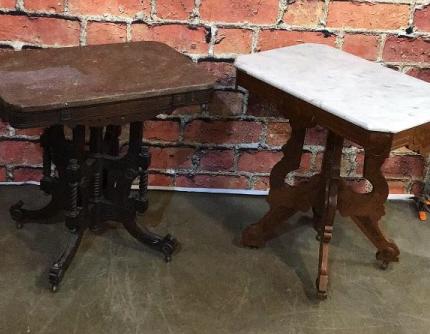 2 Victorian Marble Top Center Tables: 30.5 tall x 30 wide x 20 deep 29 tall x 30 wide x 20 deep