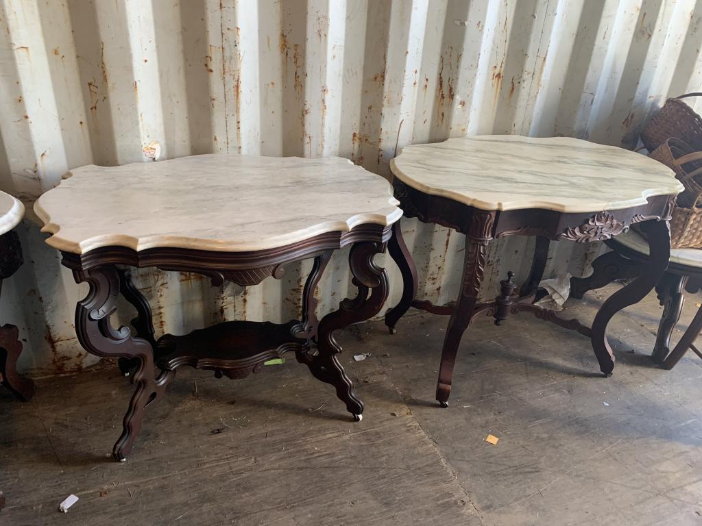 2 Victorian Marble Turtle Top Center Tables: 39 tall x 36 wide x 25 deep 30 tall x 38 wide x 26 deep