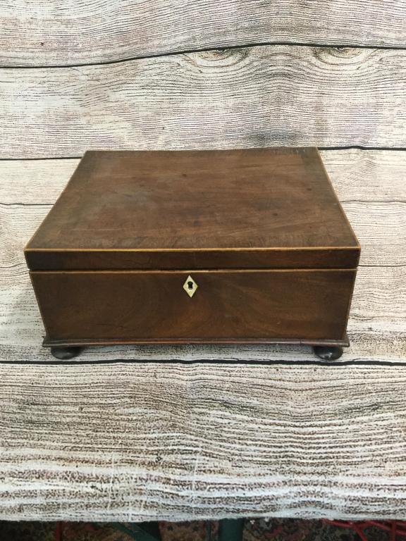 English Document Box: 10 x 12 x 5.5 inches, banded top, hinged, sits on bun feet....inlaid bone escutcheon old paper liner