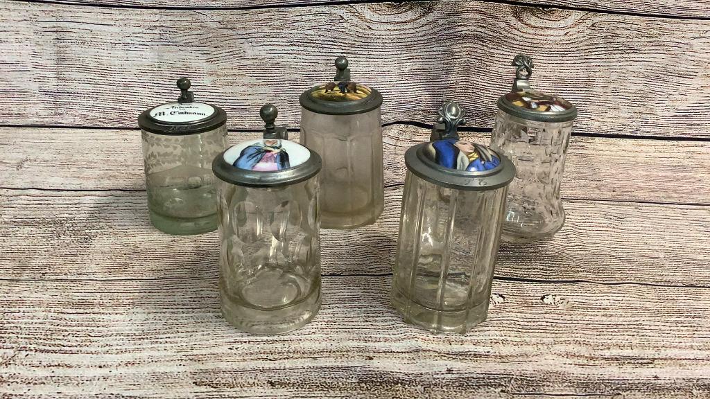 5 Glass Beer Steins, Portrait/ Painted Caps (1 of 7)